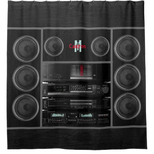 Retro Stereo System Black Duschvorhang (Vorderseite)