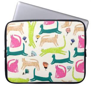 Retro-Stil abstrakte Blume- und Katzenillustrierun Laptopschutzhülle