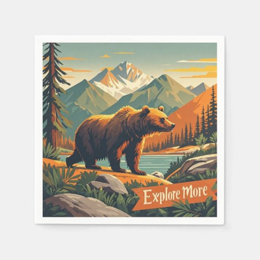 Retro-Stil Bären Cartoon und Gebirgszug Poster Serviette (Vorderseite)