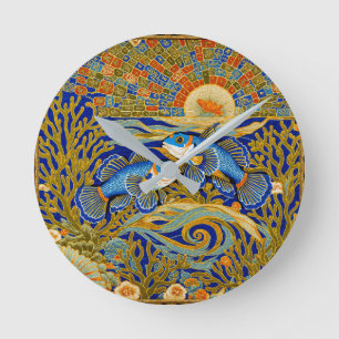 Retro-Stil-Tapete Blaue Mandarin-Fische Runde Wanduhr