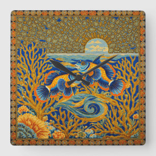 Retro-Stil-Tapete Orange Mandarin-Fisch Quadratische Wanduhr