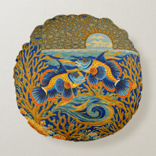 Retro-Stil-Tapete Orange Mandarin-Fisch Rundes Kissen