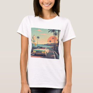 Retro-Stil Vintage Auto auf Strandpromenade T-Shirt