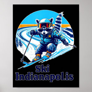 Retro-Stil Waschbär beim Skifahren in Indianapolis Poster