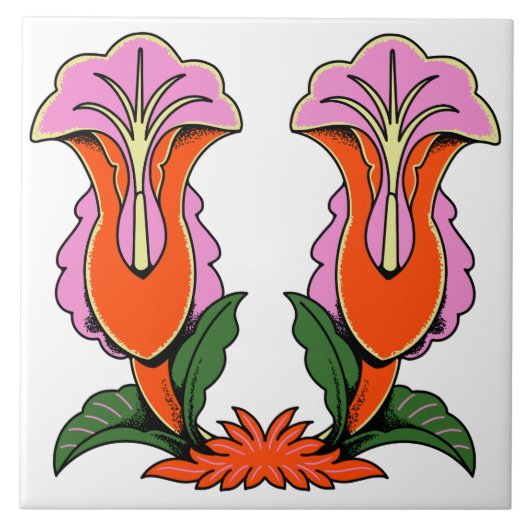 Retro stilisierte Lilienblume Botanik Fliese (Vorderseite)
