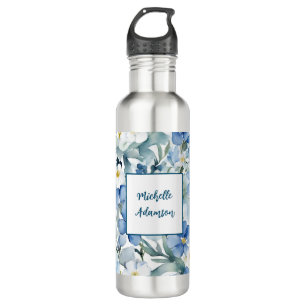 Retro Stilvolle Elegante Schlicht Blue White Blume Edelstahlflasche