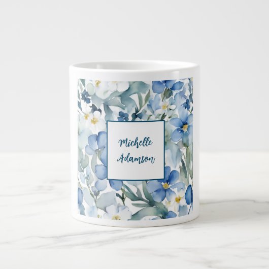 Retro Stilvolle Elegante Schlicht Blue White Blume Jumbo-Tasse (Vorderseite)