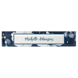 Retro Stilvolle Elegante Schlicht Blue White Blume Namensplakette