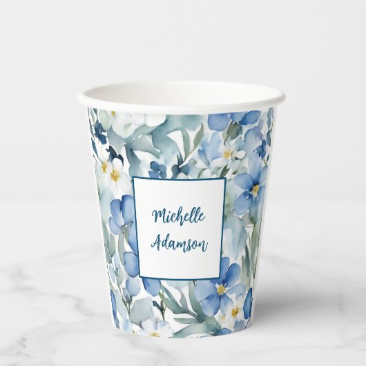 Retro Stilvolle Elegante Schlicht Blue White Blume Pappbecher (Vorderseite)