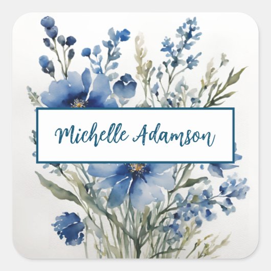 Retro Stilvolle Elegante Schlicht Blue White Blume Quadratischer Aufkleber (Vorderseite)