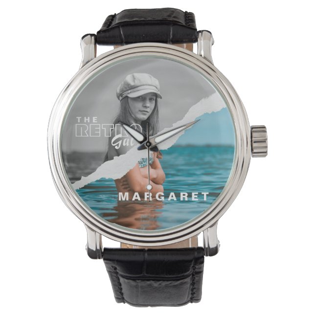 Retro Stilvolle Schwarz/Weiß Portrait Foto Display Armbanduhr (Vorderseite)