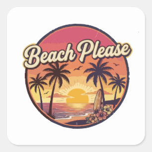 Retro-Strand Bitte Sommer-Sonnenuntergang-Surf-Van Quadratischer Aufkleber