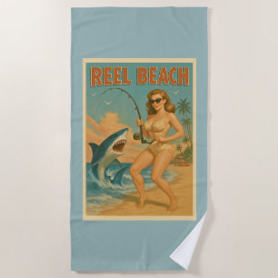 Retro-Strand-Hai-Angeln-Pin-Up-Blau-Küstendesign Strandtuch