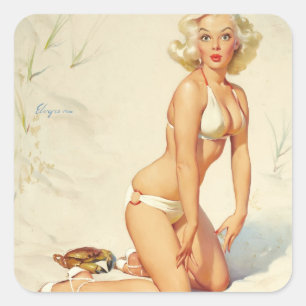 Retro-Strand-Pin-up-Girl Quadratischer Aufkleber