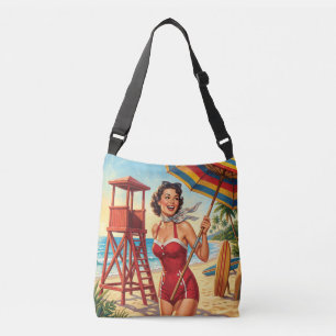 Retro-Strand-Rettungsschwimmer-Pin-Up-Dame Tragetaschen Mit Langen Trägern