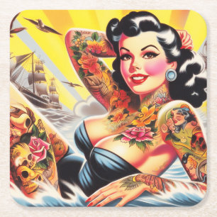 Retro-Strand-Tattoo-Pinup Rechteckiger Pappuntersetzer