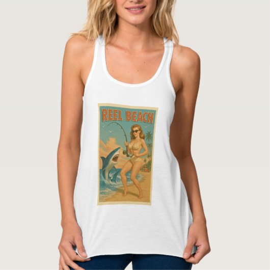 Retro-Strandleben mit Hai-Angelschnur-Pin-Up Tank Top (Vorderseite)