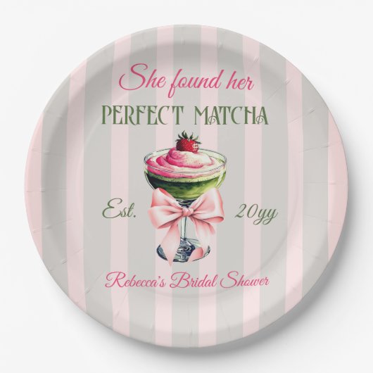 Retro Strawb Perfect Matcha Pink Bow Brautparty Pappteller (Vorderseite)