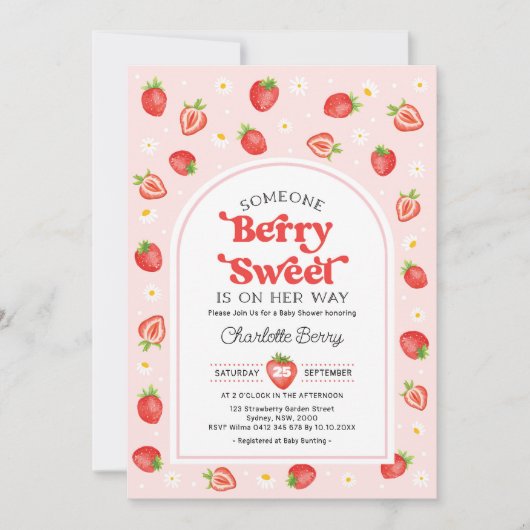 Retro Strawberry Berry Sweet Baby Girl Dusche Einladung (Vorderseite)
