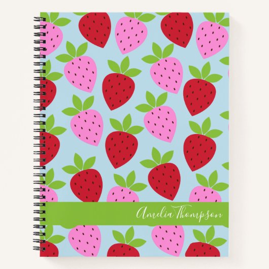 Retro Strawberry Fruchtmuster Blau Personalisiert Notizblock (Vorderseite)