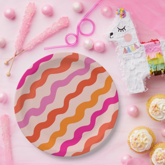 Retro Streifen Abstrakte Waves Rosa Orange Pappteller (Party)
