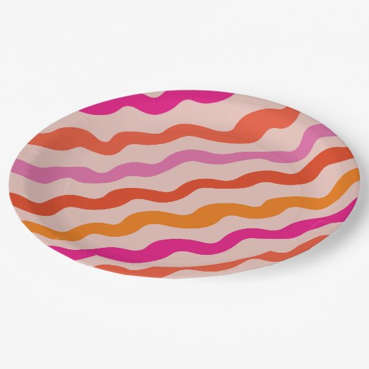 Retro Streifen Abstrakte Waves Rosa Orange Pappteller (Schrägansicht)