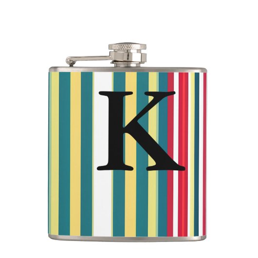 Retro-Streifen farbenfroh mit Monogramm Anfangsbuc Flachmann (Vorderseite)