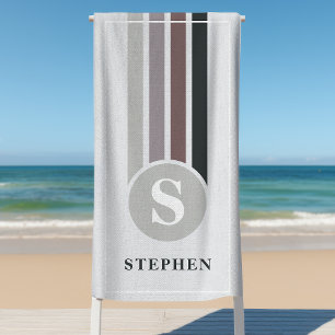 Retro-Streifen Grau Taupe Monogramm Name Strandtuch