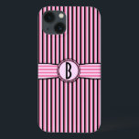 Retro Streifen Monogramm Muster rosa Schwarz iPhone 13 Hülle<br><div class="desc">Dieses niedliche, mädchenhafte, leicht Retro-50er-Gehäuse zeigt rosa, hellrosa und schwarze Streifen und einen Raum, den Sie personalisieren / anpassen können. Fügen Sie einfach Ihr eigenes Monogramm / Initial in das Feld "Personalize It" ein. Der quadratische Schriftart verleiht dem Monogramm ein Vintages modernes Aussehen. Das ist ein helles, farbenfrohes, hübsches, gestreiftes...</div>