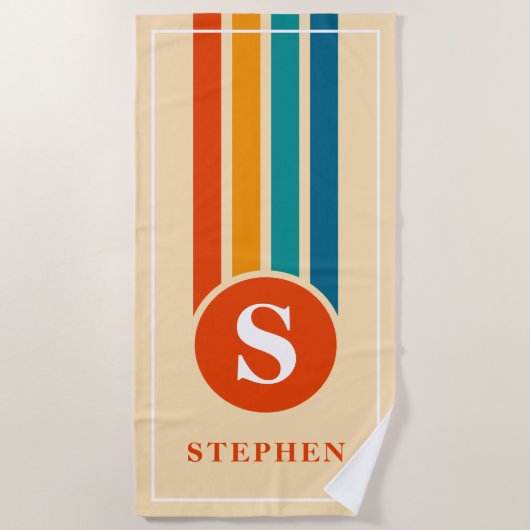 Retro Streifen Orange Monogramm Name Personalisier Strandtuch (Vorderseite)