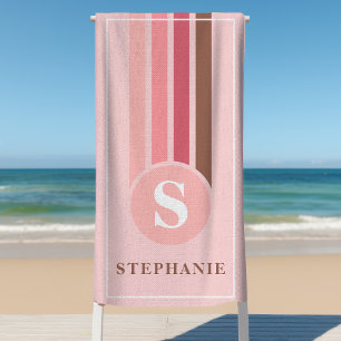 Retro Streifen Rosa und Braun Monogramm Name Strandtuch