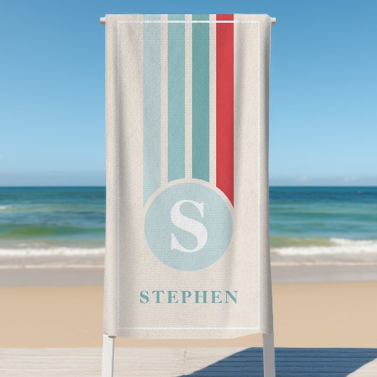Retro Streifen, rot und blau, Monogramm Strandtuch