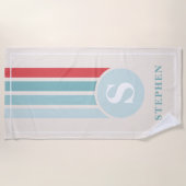 Retro Streifen, rot und blau, Monogramm Strandtuch (Vorderseite)