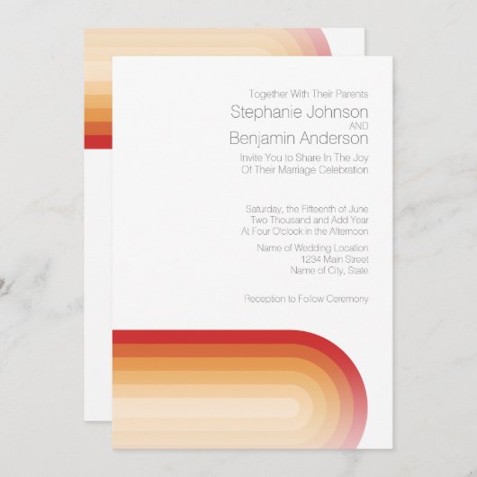 Retro Streifen - Terra Cotta Sunset Moderne Hochze Einladung (Vorne/Hinten)