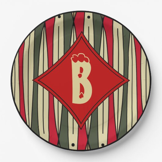 Retro String Art in Christmas Colors Mit Monogramm Pappteller (Vorderseite)