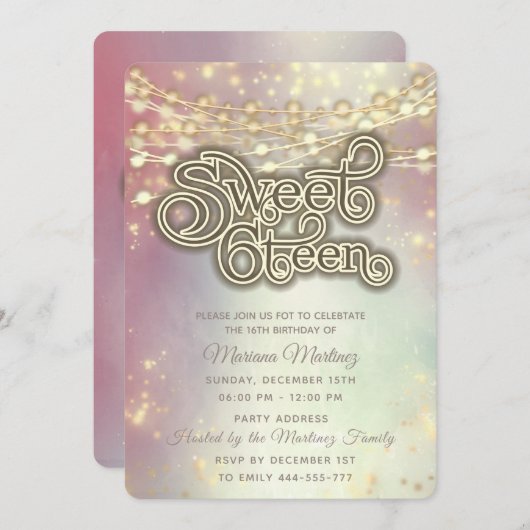 Retro String leuchtet goldenes Funkeln rot Einladung (Vorne/Hinten)