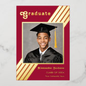 Retro Stripe Grad Foto Burgund und Gold Folieneinladung (Vorderseite)