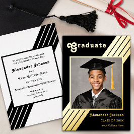 Retro Stripe Graduate Foto Schwarz und Gold Folieneinladung