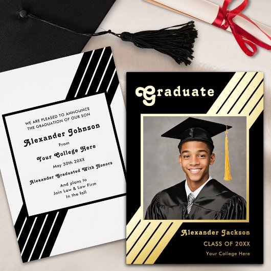 Retro Stripe Graduate Foto Schwarz und Gold Folieneinladung