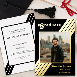Retro Stripe Graduate Foto Schwarz und Gold Folieneinladung