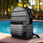 Retro Stripe Pattern Schwarz Grau Vintage Sicht Bedruckter Rucksack<br><div class="desc">Fügen Sie Ihren Namen zu diesem männlichen Design mit fett Streifen. Ein Retro-Design mit 70er inspiriert Schriftart und einem minimalen Muster. Alle Farben können geändert werden. Erstellen Sie Ihre eigenen und ändern Sie die Farben zu Ihrer bevorzugten Kombination.</div>