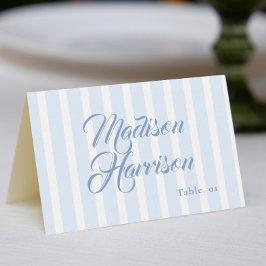 Retro Striped Blue Wedding Name Place Card DIY Einladung