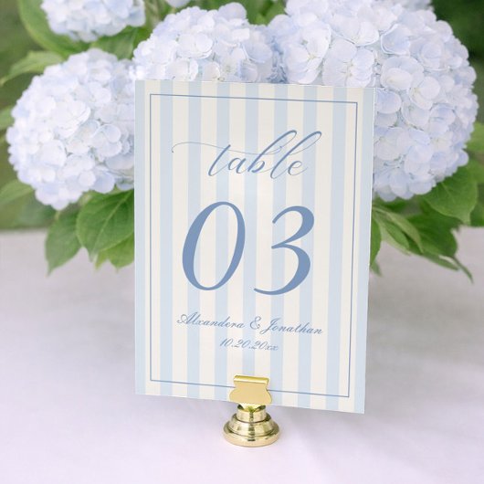 Retro Striped White and Blue Wedding Table Number Tischnummer