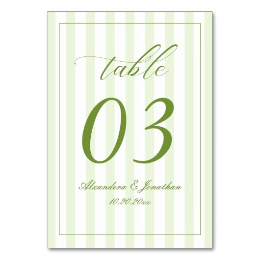 Retro Striped White and Green Wedding Table Number Tischnummer (Vorderseite)