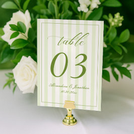 Retro Striped White and Green Wedding Table Number Tischnummer