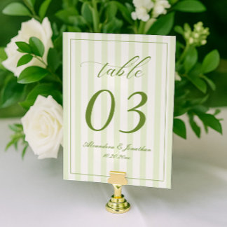 Retro Striped White and Green Wedding Table Number Tischnummer