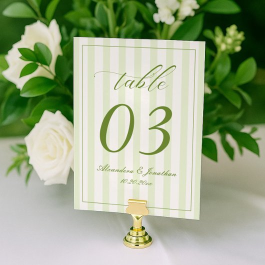 Retro Striped White and Green Wedding Table Number Tischnummer