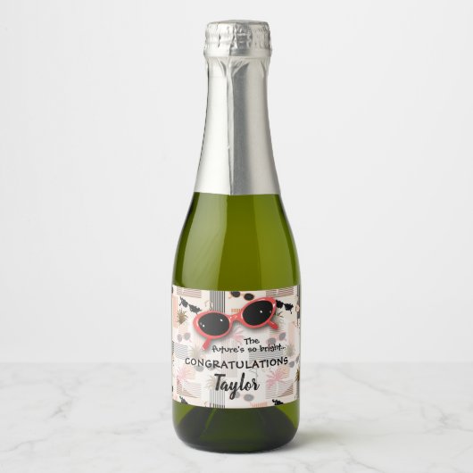 Retro Stripes Flamingos Palms Sonnenbrille Mini Schaumweinetikett (Vorderseite)