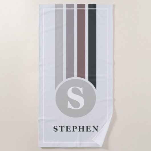 Retro Stripes Grau Taupe Monogram Name Strandtuch (Vorderseite)