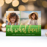 Retro Stripes - Green Oh What Fun 2 Foto Vibe Folien Feiertagskarte<br><div class="desc">Front - Olive grün und Weihnachten Grün in einem Retro-Streifen Muster. Das Retro-Design ist modern und bietet eine Urlaubsfotokarte mit einem trendigen und anderen Design mit dem Gruß "oh was fun" in Folie. Fügen Sie 2 Fotos und Familiensignatur zu diesem lustigen und dynamischen Design hinzu.</div>